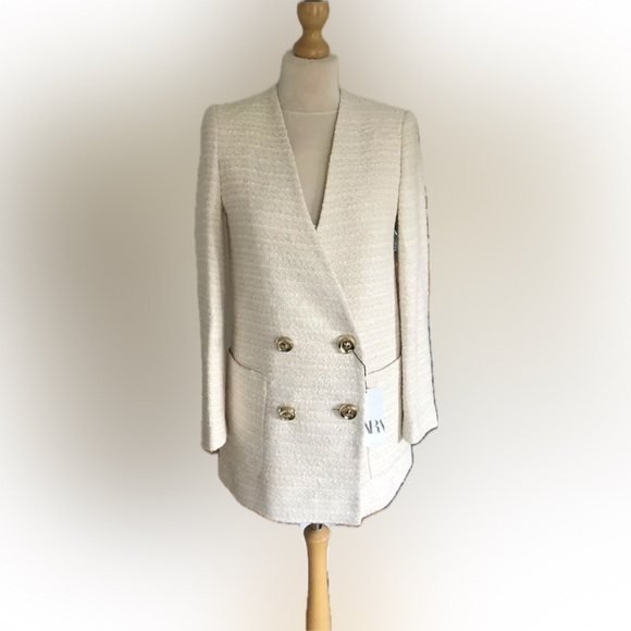 Zara textured double breast frock coat cream nwt - Picture 4 of 9